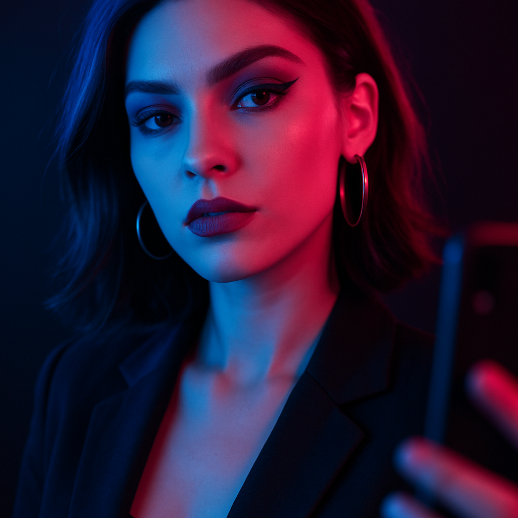 A Whoppa user on a live video call lit by neon lights